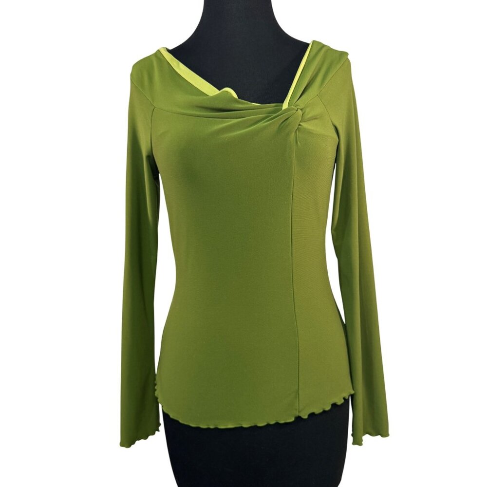 Vol.1 Womens Size Large Avocado Green Long Sleeve Knot Front Top